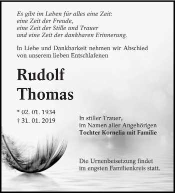 Traueranzeige von Rudolf Thomas von lausitzer_rundschau