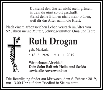 Traueranzeige von Ruth Drogan von lausitzer_rundschau