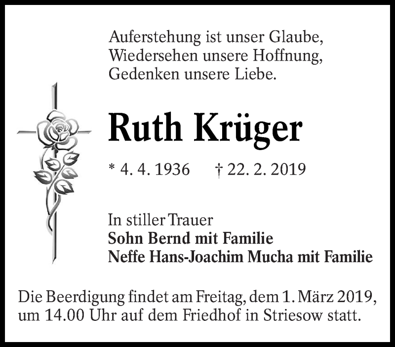  Traueranzeige für Ruth Krüger vom 26.02.2019 aus lausitzer_rundschau
