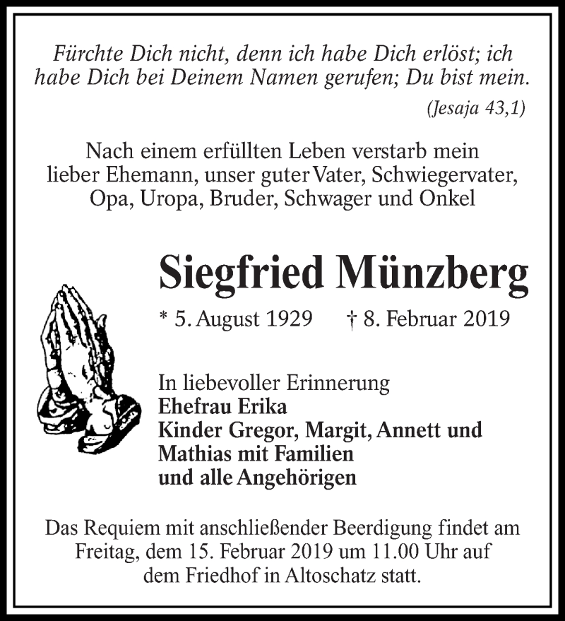 Traueranzeige für Siegfried Münzberg vom 12.02.2019 aus lausitzer_rundschau