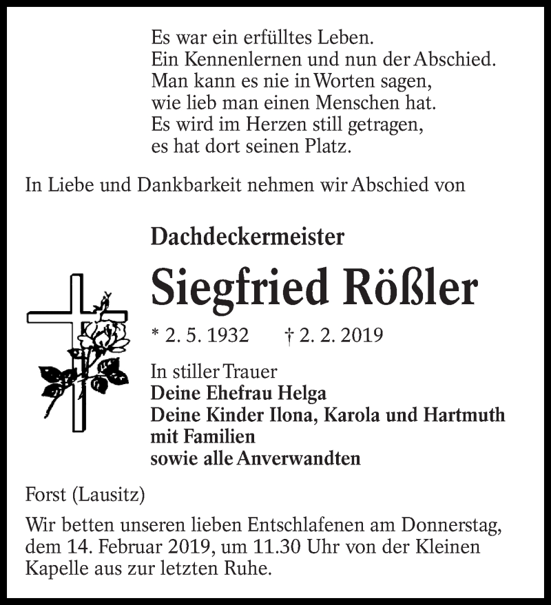 Traueranzeige für Siegfried Rößler vom 09.02.2019 aus lausitzer_rundschau