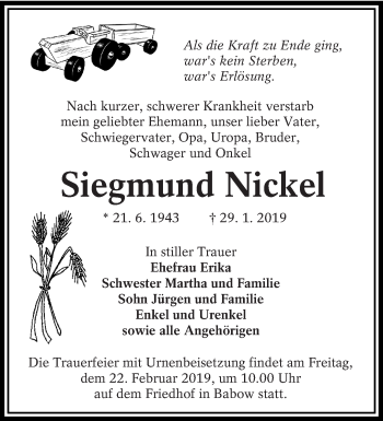 Traueranzeige von Siegmund Nickel von lausitzer_rundschau