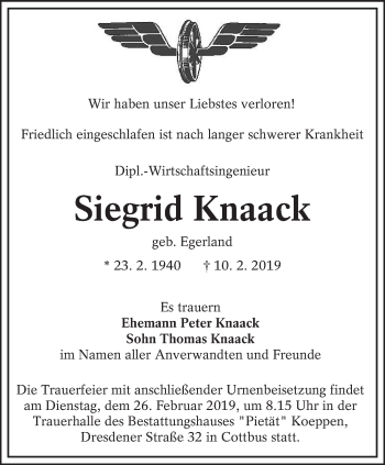 Traueranzeige von Siegrid Knaack von lausitzer_rundschau