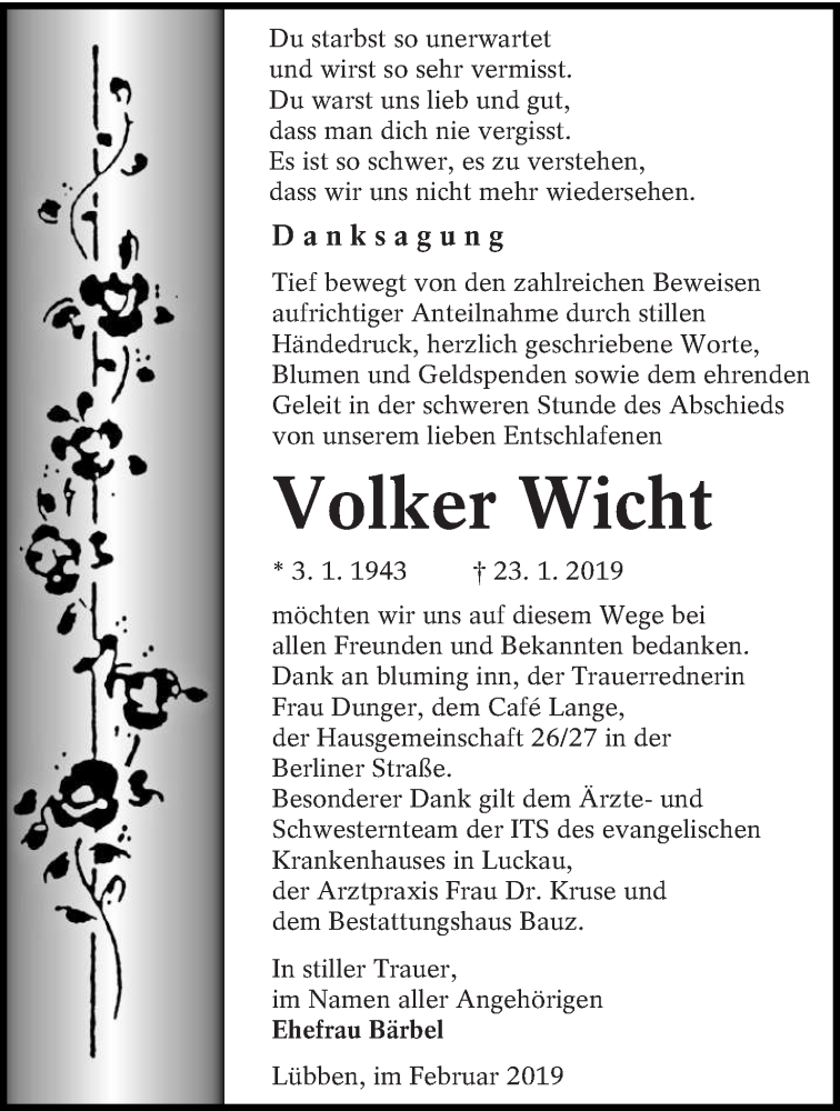  Traueranzeige für Volker Wicht vom 27.02.2019 aus lausitzer_rundschau