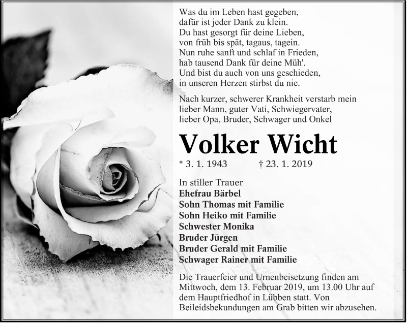  Traueranzeige für Volker Wicht vom 31.01.2019 aus lausitzer_rundschau