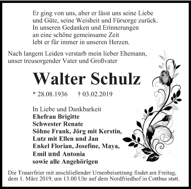  Traueranzeige für Walter Schulz vom 16.02.2019 aus lausitzer_rundschau