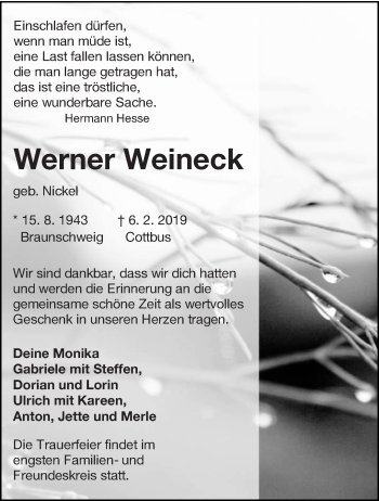 Traueranzeige von Werner Weineck von lausitzer_rundschau