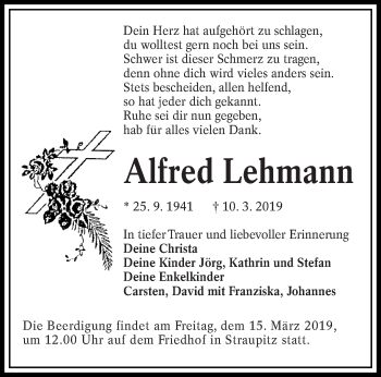 Traueranzeige von Alfred Lehmann von lausitzer_rundschau