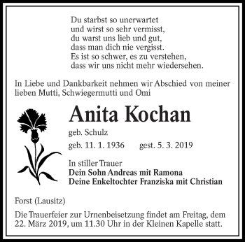 Traueranzeige von Anita Kochan von lausitzer_rundschau