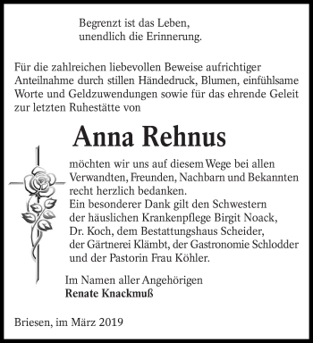 Traueranzeige von Anna Rehnus von lausitzer_rundschau