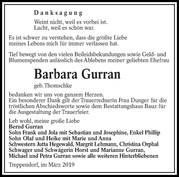 Traueranzeige von Barbara Gurran von lausitzer_rundschau