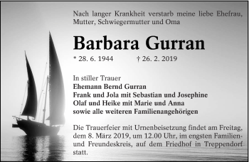 Traueranzeige von Barbara Gurran von lausitzer_rundschau