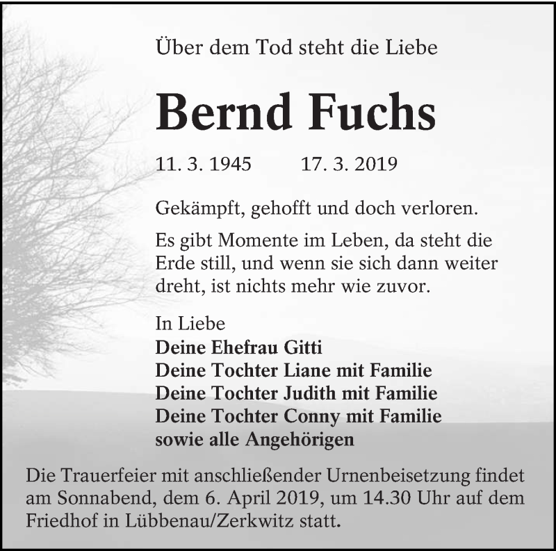  Traueranzeige für Bernd Fuchs vom 30.03.2019 aus lausitzer_rundschau