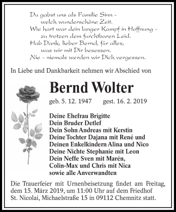 Traueranzeige von Bernd Wolter von lausitzer_rundschau