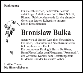 Traueranzeige von Bronislaw Bulka von lausitzer_rundschau