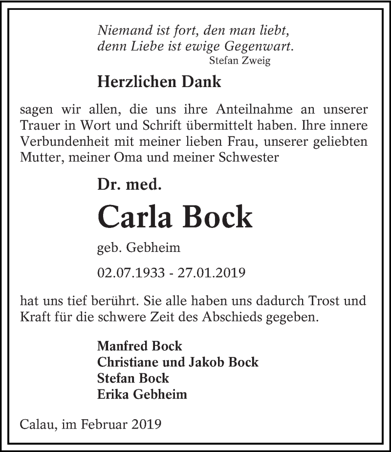  Traueranzeige für Carla Bock vom 02.03.2019 aus lausitzer_rundschau