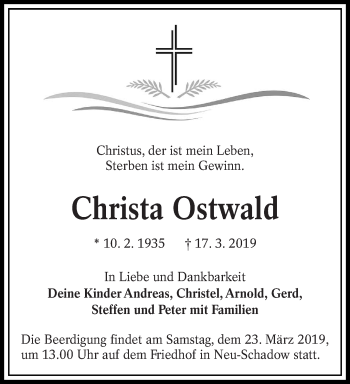 Traueranzeige von Christa Ostwald von lausitzer_rundschau