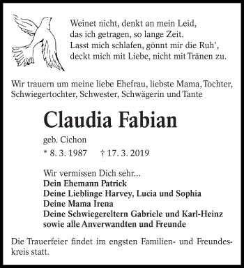 Traueranzeige von Claudia Fabian von lausitzer_rundschau