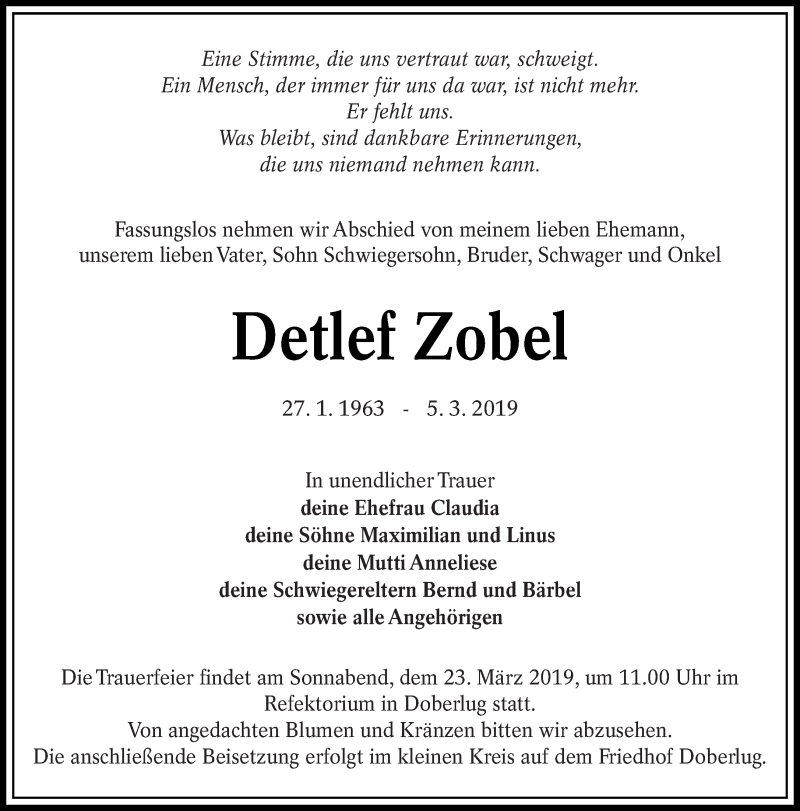  Traueranzeige für Detlef Zobel vom 16.03.2019 aus lausitzer_rundschau