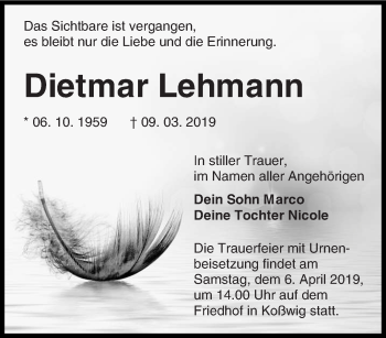 Traueranzeige von Dietmar Lehmann von lausitzer_rundschau