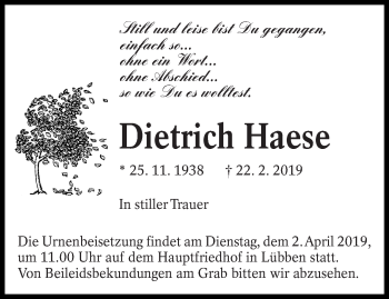 Traueranzeige von Dietrich Haese von lausitzer_rundschau