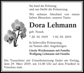 Traueranzeige von Dora Lehmann von lausitzer_rundschau