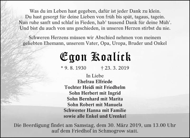  Traueranzeige für Egon Koalick vom 27.03.2019 aus lausitzer_rundschau