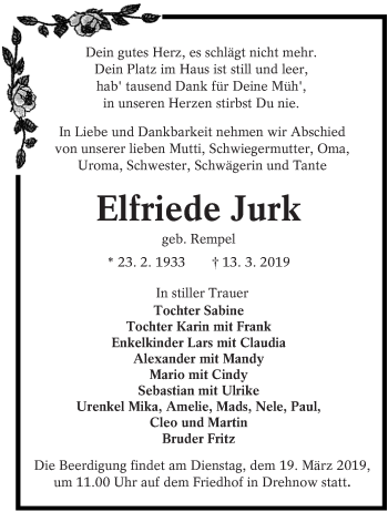 Traueranzeige von Elfriede Jurk von lausitzer_rundschau