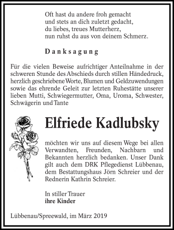Traueranzeige von Elfriede Kadlubsky von lausitzer_rundschau