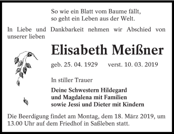 Traueranzeige von Elisabeth Meißner von lausitzer_rundschau
