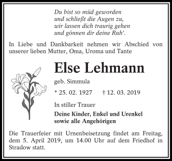 Traueranzeige von Else Lehmann von lausitzer_rundschau