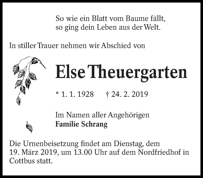  Traueranzeige für Else Theuergarten vom 09.03.2019 aus lausitzer_rundschau