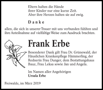 Traueranzeige von Frank Erbe von lausitzer_rundschau