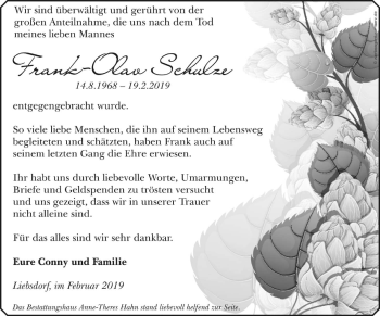 Traueranzeige von Frank-Olav Schulze von lausitzer_rundschau