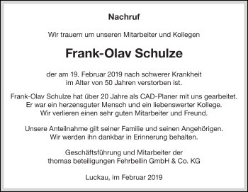 Traueranzeige von Frank-Olav Schulze von lausitzer_rundschau