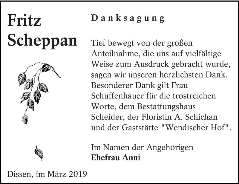  Traueranzeige für Fritz Scheppan vom 23.03.2019 aus lausitzer_rundschau