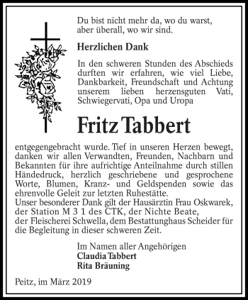 Traueranzeige von Fritz Tabbert von lausitzer_rundschau