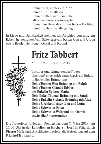Traueranzeige von Fritz Tabbert von lausitzer_rundschau