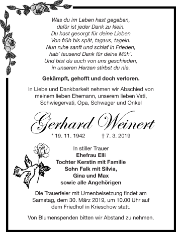 Traueranzeige von Gerhard Weinert von lausitzer_rundschau