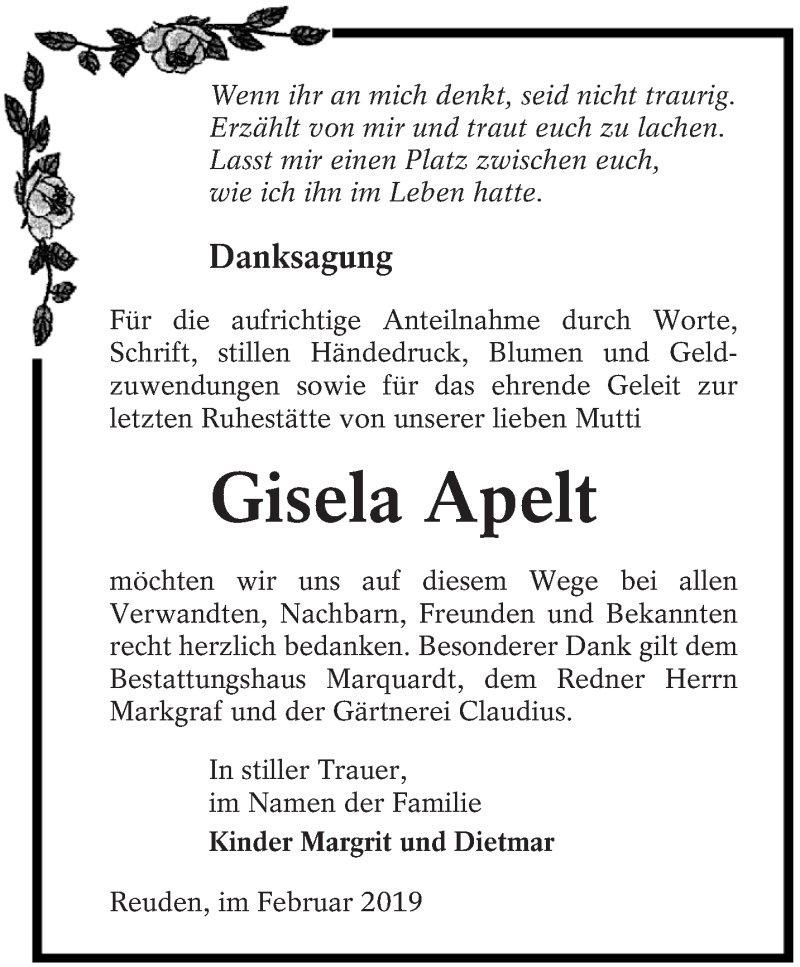  Traueranzeige für Gisela Apelt vom 01.03.2019 aus lausitzer_rundschau