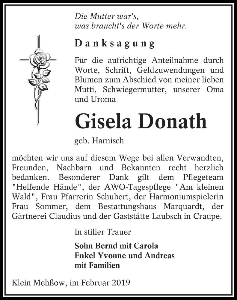  Traueranzeige für Gisela Donath vom 09.03.2019 aus lausitzer_rundschau