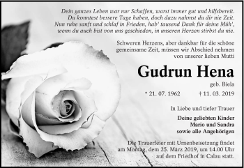 Traueranzeige von Gudrun Hena von lausitzer_rundschau