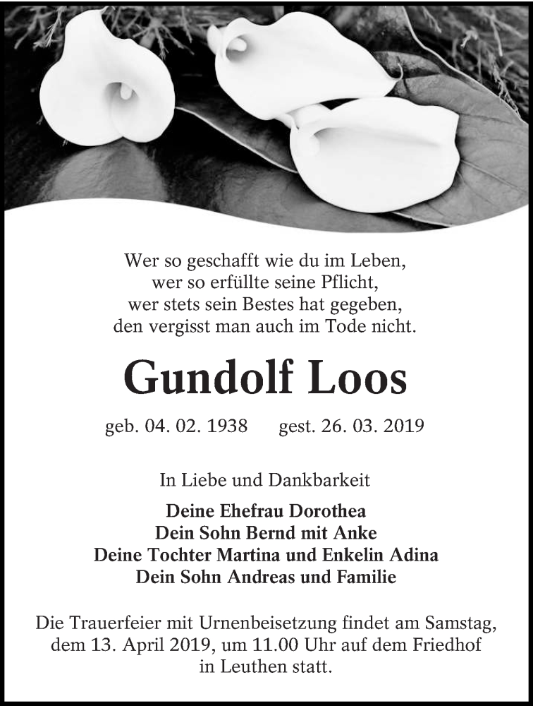  Traueranzeige für Gundolf Loos vom 30.03.2019 aus lausitzer_rundschau