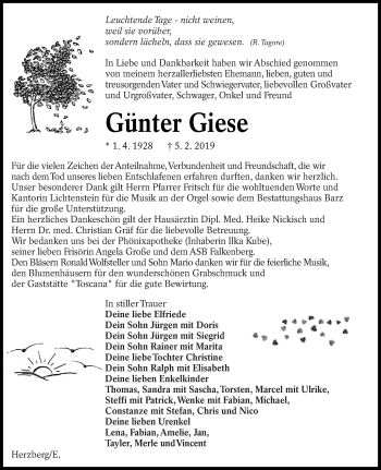 Traueranzeige von Günter Giese von lausitzer_rundschau