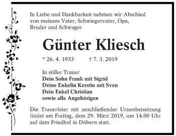 Traueranzeige von Günter Kliesch von lausitzer_rundschau