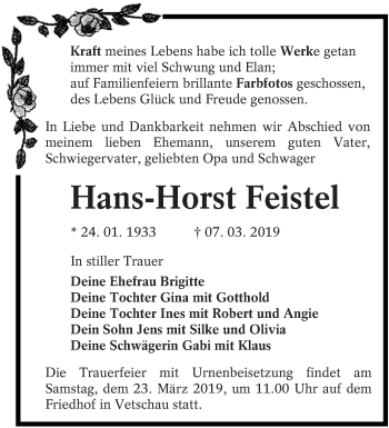 Traueranzeige von Hans-Horst Feistel von lausitzer_rundschau