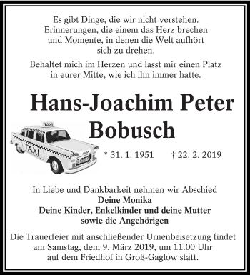 Traueranzeige von Hans-Joachim Peter Bobusch von lausitzer_rundschau
