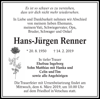 Traueranzeige von Hans-Jürgen Renner von lausitzer_rundschau