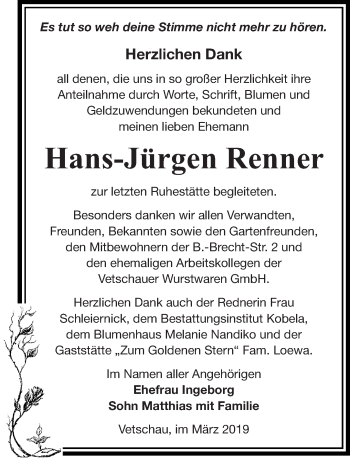 Traueranzeige von Hans-Jürgen Renner von lausitzer_rundschau