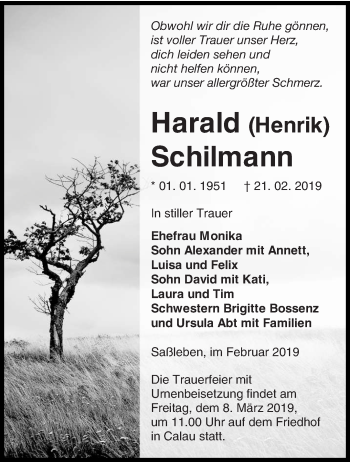 Traueranzeige von Harald Schilmann von lausitzer_rundschau